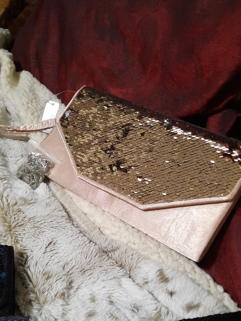 NWT GLAM EVENING SEQUIN CLUTCH WRISTLET SHOULDER CROSSBODY BAG ROSE GOLD SILVER